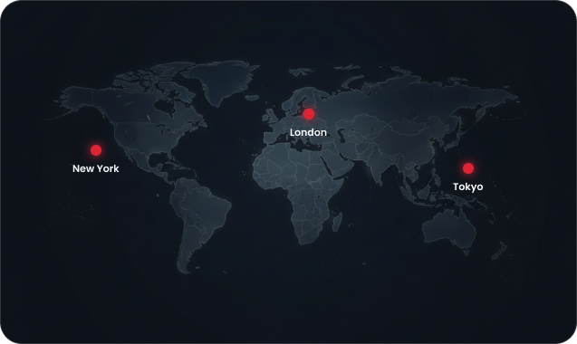 Global operational hubs map showing New York, London, and Tokyo